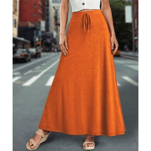Women's Orange Drawstring Maxi Skirt #1941-D3 - Picture 1 of 7